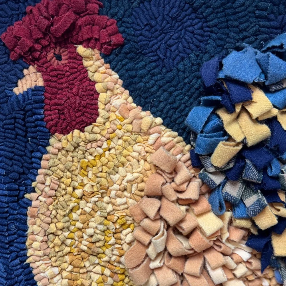 Handmade Rooster Primitive Wool Hooked Wall Hanging in Navy and Mustard